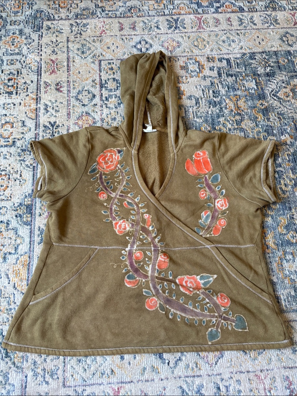 J. Jill Olive Short-Sleeve Hooded Wrap Top with Floral Vine Painting